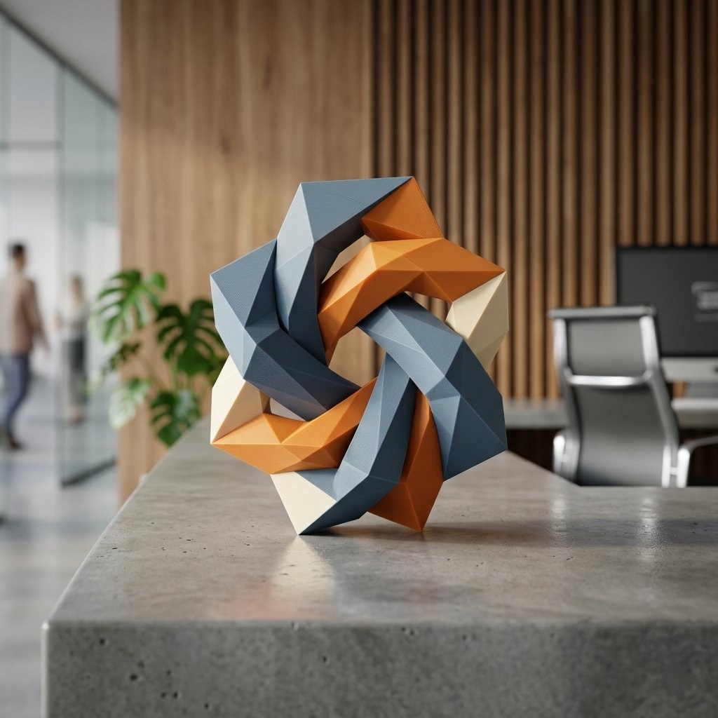Neutrales 3D-gedrucktes Markenobjekt als Aufsteller in gedeckten Farben