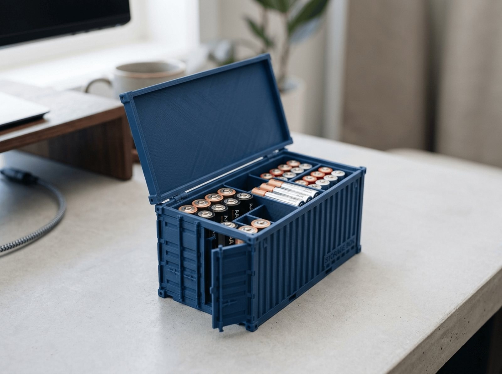 3D-gedruckter Frachtcontainer im Markenlook, geöffnet als Aufbewahrungsbox für Batterien