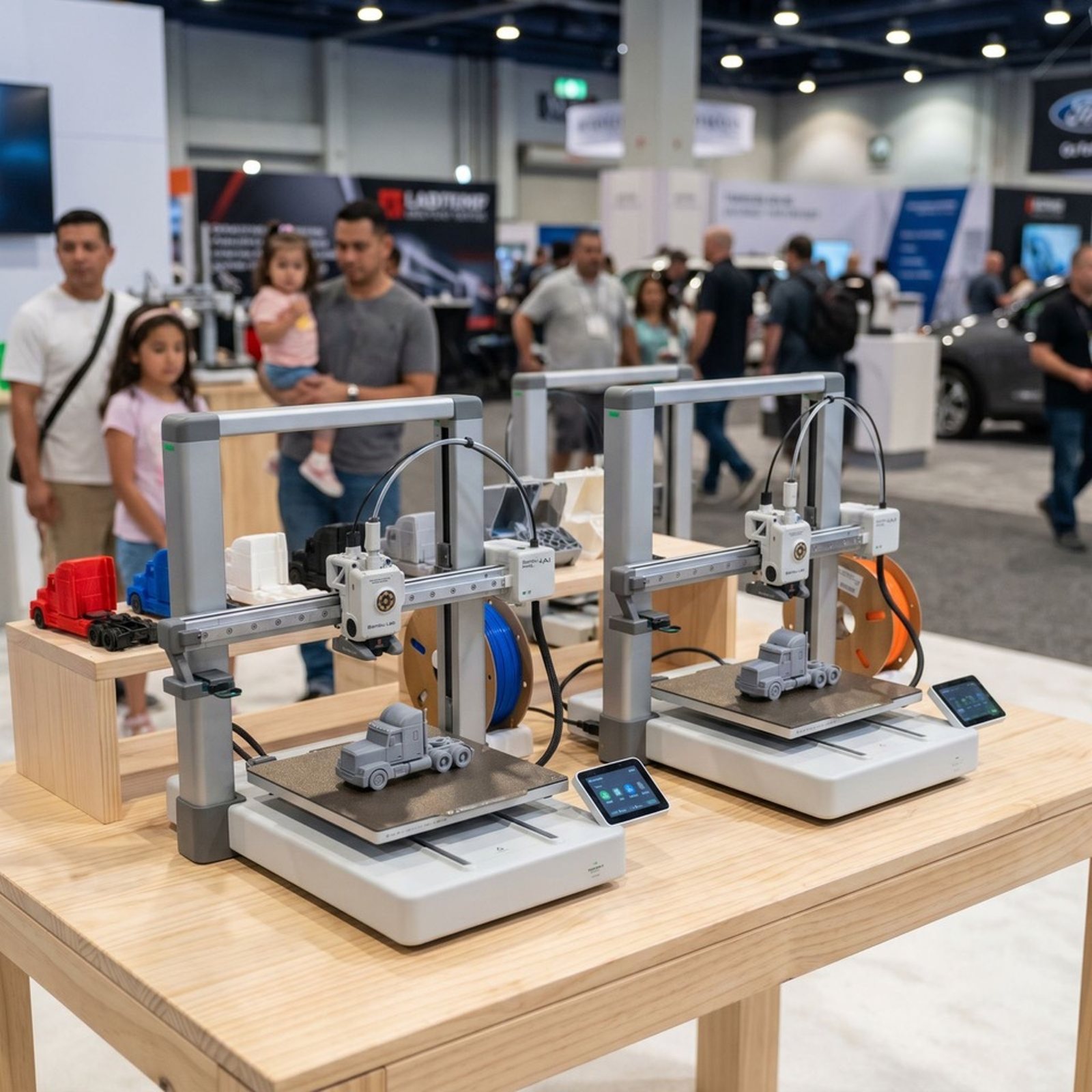 Zwei 3D-Drucker produzieren live Werbemittel auf einem Messestand