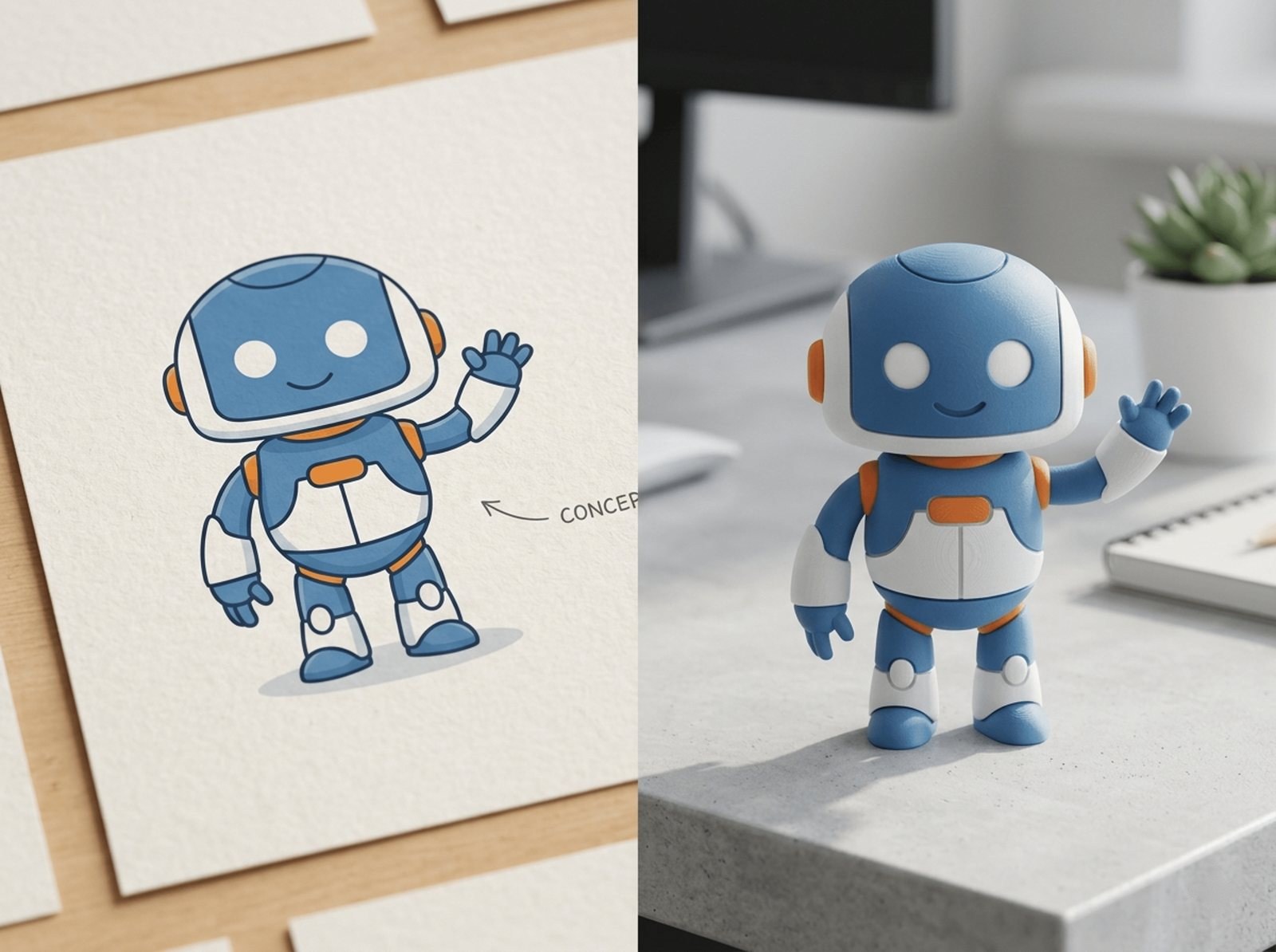 Links die flache Illustration eines Maskottchens, rechts die 3D-gedruckte Figur