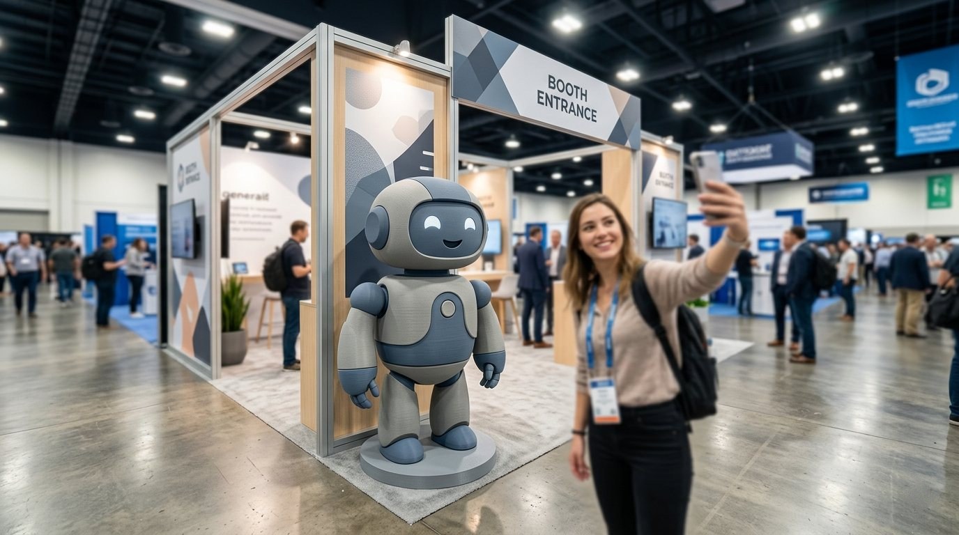 Ein rund einen Meter hohes 3D-gedrucktes Roboter-Maskottchen als Blickfang auf einem Messestand