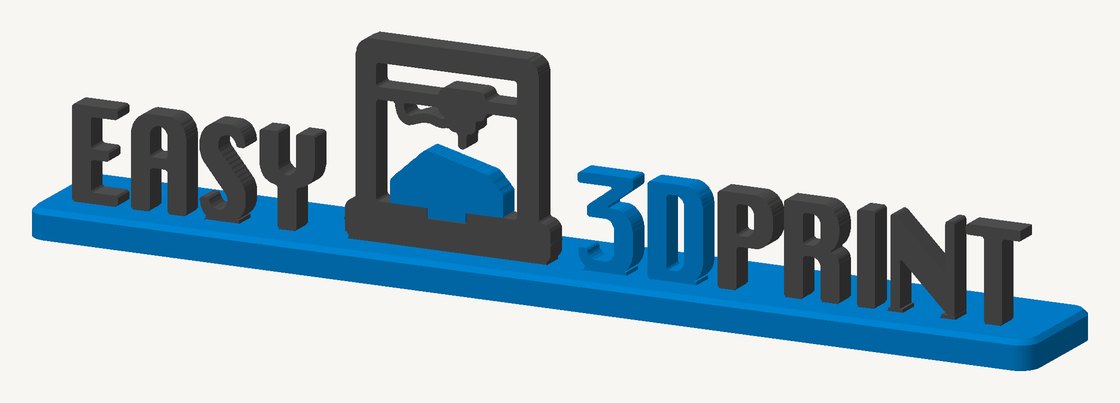 Logo-Aufsteller aus dem Generator: das Easy-3D-Print-Logo, Schriftzug und Drucker stehen einzeln auf einer blauen Sockelplatte