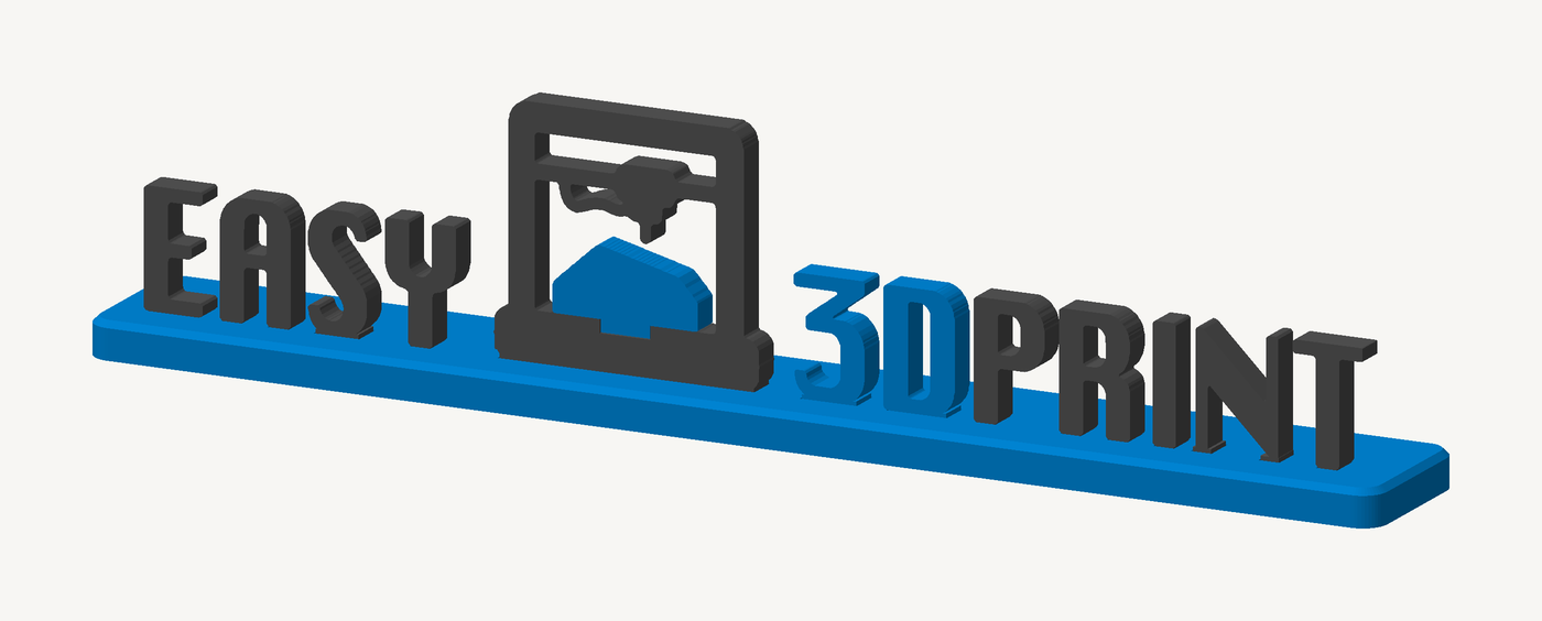 Entwurfsansicht: das Easy-3D-Print-Logo, Schriftzug und Drucker stehen einzeln auf der blauen Sockelplatte